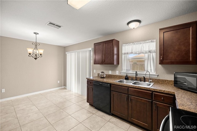 176 Juniper Loop Cir, Ocala, FL 34480 - kitchen with black appliances, a sink, a chandelier, hanging light fixtures, and dark brown cabinets