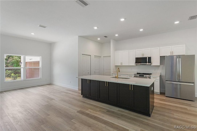 kitchen with a center island with sink, sink, stainless steel appliances, and white cabinets