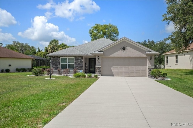 2880 N Folkestone Loop, Hernando, FL 34442 - view of front of home with stone siding, a garage, concrete driveway, and a front yard