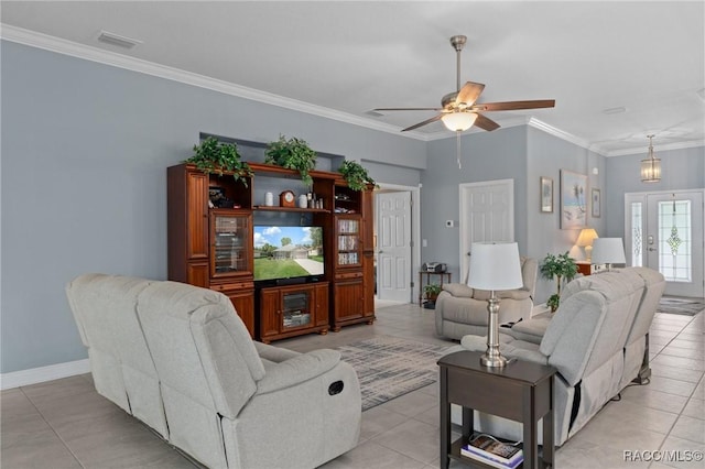 2880 N Folkestone Loop, Hernando, FL 34442 - living room featuring light tile patterned flooring, ceiling fan, and ornamental molding