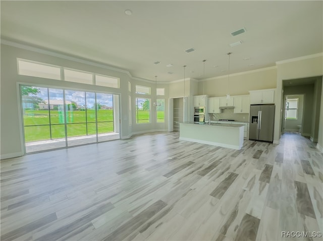 unfurnished living room featuring light hardwood / wood-style flooring, ornamental molding, and sink