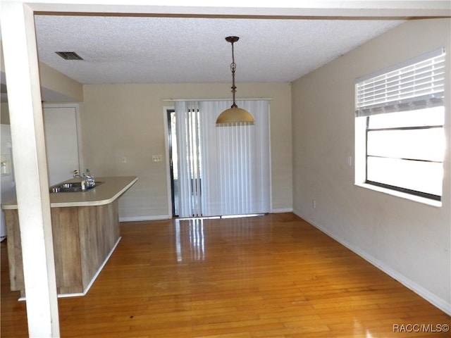 unfurnished dining area with hardwood / wood-style floors, sink, and a textured ceiling