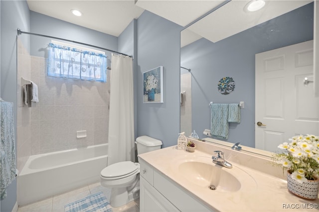 full bathroom with tile patterned flooring, shower / bath combo, vanity, and toilet