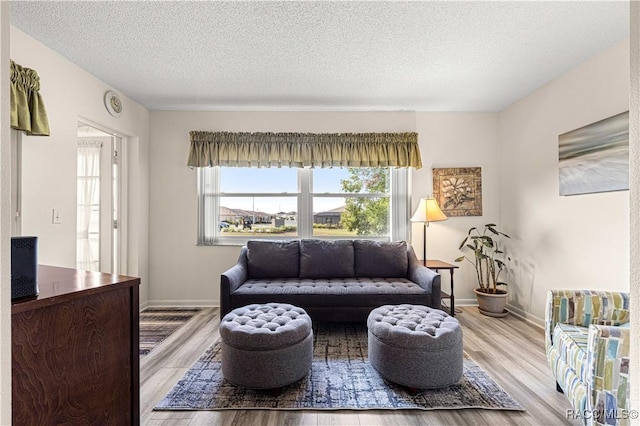 living room with light wood-type flooring and a textured ceiling