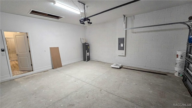 garage featuring a garage door opener, electric panel, and water heater