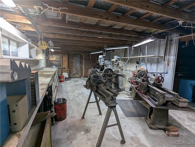 basement with a workshop area