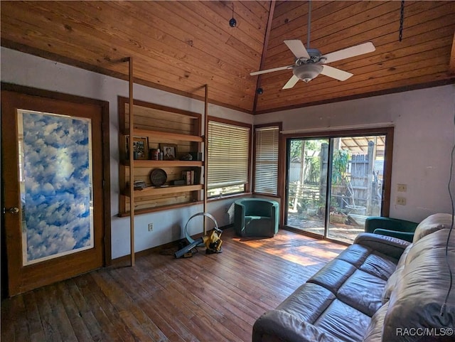 living room featuring hardwood / wood-style flooring, ceiling fan, vaulted ceiling, and wooden ceiling