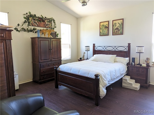 bedroom featuring lofted ceiling, ceiling fan, and dark hardwood / wood-style floors