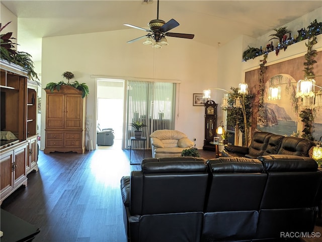 living room featuring ceiling fan, dark wood-type flooring, and high vaulted ceiling