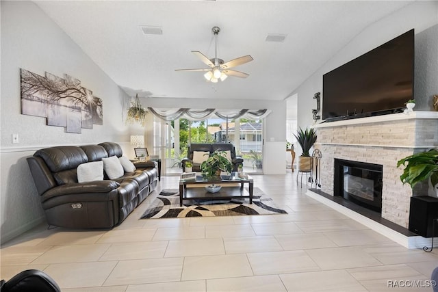 8849 SW 116th Place Rd, Ocala, FL 34481 - living area with lofted ceiling, ceiling fan, and a brick fireplace