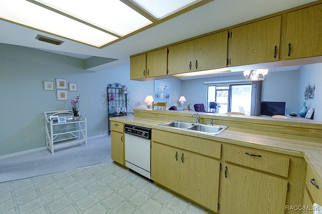 kitchen with light carpet, kitchen peninsula, white dishwasher, sink, and a notable chandelier