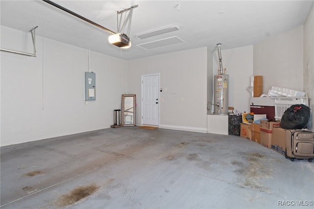 garage with electric panel, gas water heater, and a garage door opener