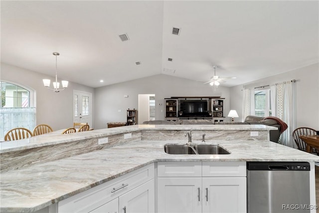 776 W Horizon Ln, Citrus Springs, FL 34434 - kitchen featuring stainless steel dishwasher, a sink, open floor plan, vaulted ceiling, and plenty of natural light