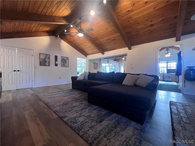 living room with vaulted ceiling with beams, ceiling fan, dark hardwood / wood-style flooring, and wood ceiling