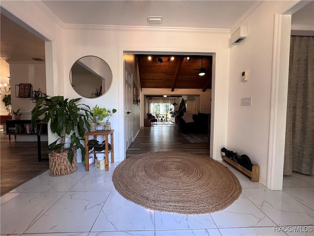 corridor with wood ceiling and vaulted ceiling