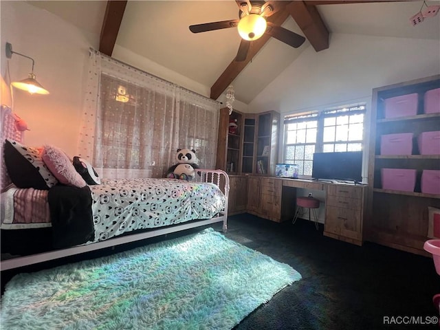 carpeted bedroom featuring beamed ceiling, high vaulted ceiling, and ceiling fan