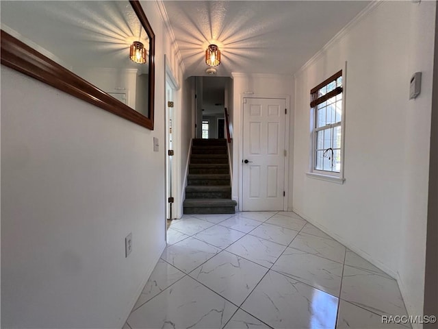 foyer entrance featuring crown molding