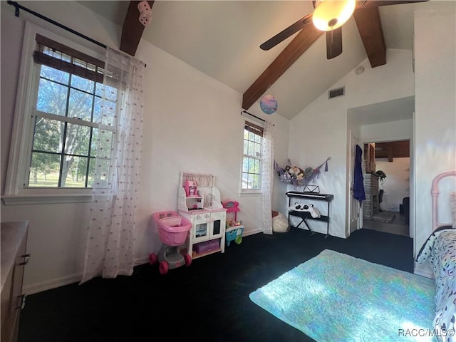 bedroom with vaulted ceiling with beams, ceiling fan, and dark carpet