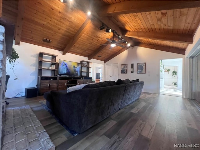 living room with vaulted ceiling with beams, ceiling fan, wooden ceiling, and dark hardwood / wood-style floors