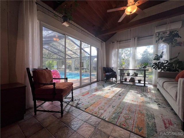 sunroom / solarium with ceiling fan, a pool, plenty of natural light, and wooden ceiling