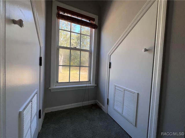 entryway featuring dark colored carpet