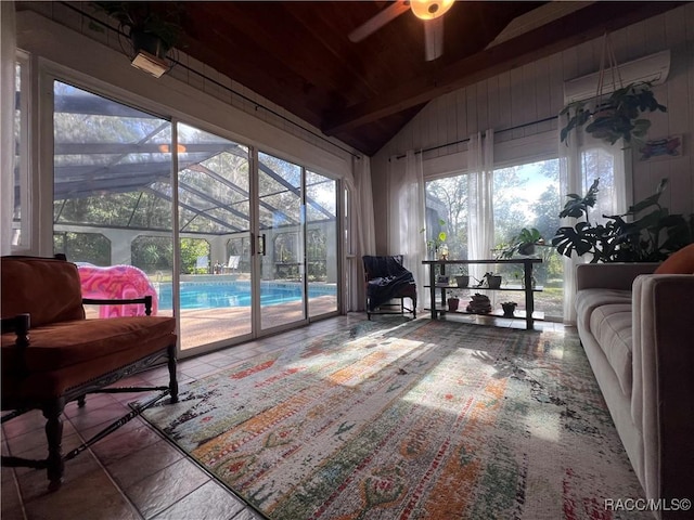 sunroom with wood ceiling, ceiling fan, a wall mounted AC, lofted ceiling with beams, and a pool