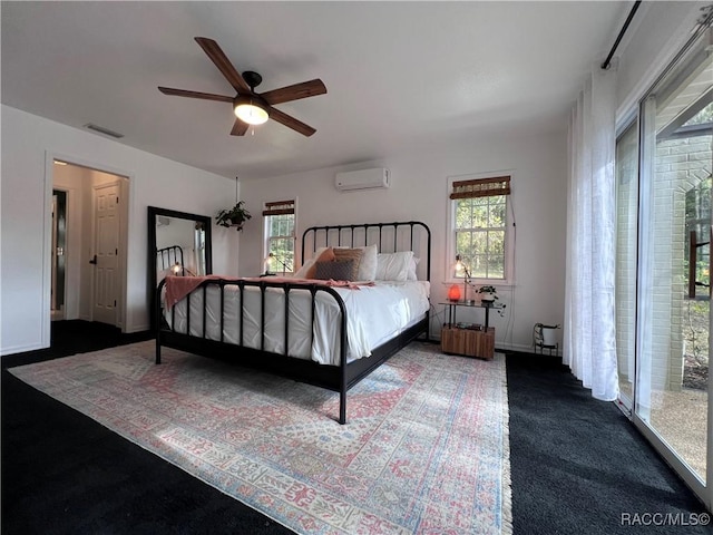 bedroom with carpet flooring, a wall mounted AC, and ceiling fan