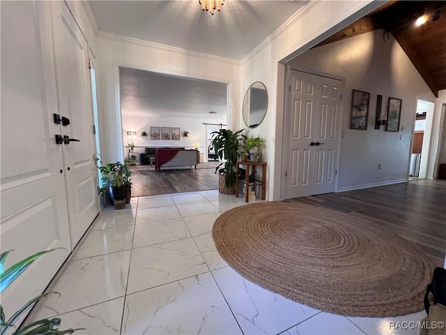 entryway with wood ceiling and vaulted ceiling