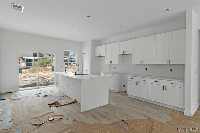 kitchen with white cabinetry, sink, and a kitchen island with sink