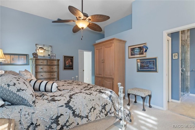 bedroom with baseboards, ceiling fan, and light colored carpet