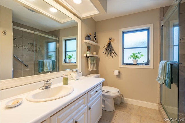 bathroom featuring tile patterned flooring, vanity, toilet, and an enclosed shower