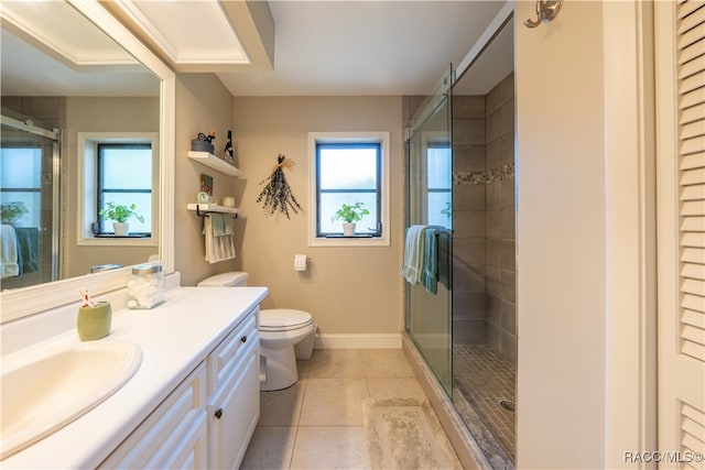 bathroom with tile patterned floors, toilet, and an enclosed shower