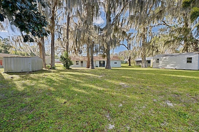 view of yard with a storage unit