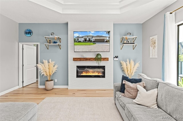 living room with hardwood / wood-style floors, a large fireplace, and plenty of natural light