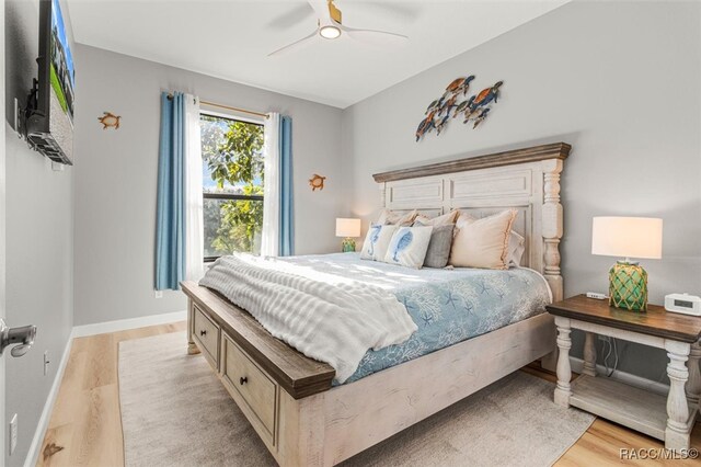 bedroom featuring ceiling fan and light wood-type flooring