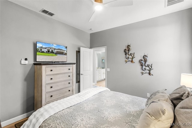 bedroom with hardwood / wood-style floors and ceiling fan