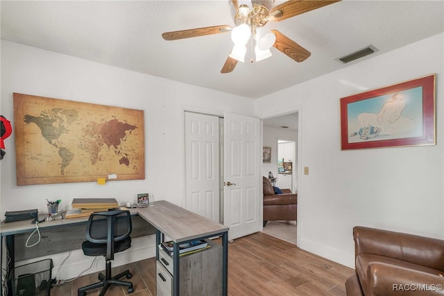 office space featuring ceiling fan and wood-type flooring