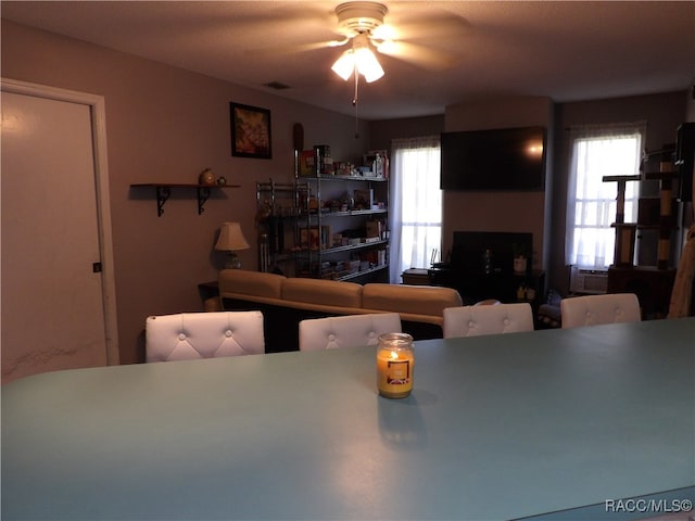 dining area featuring ceiling fan and a wealth of natural light