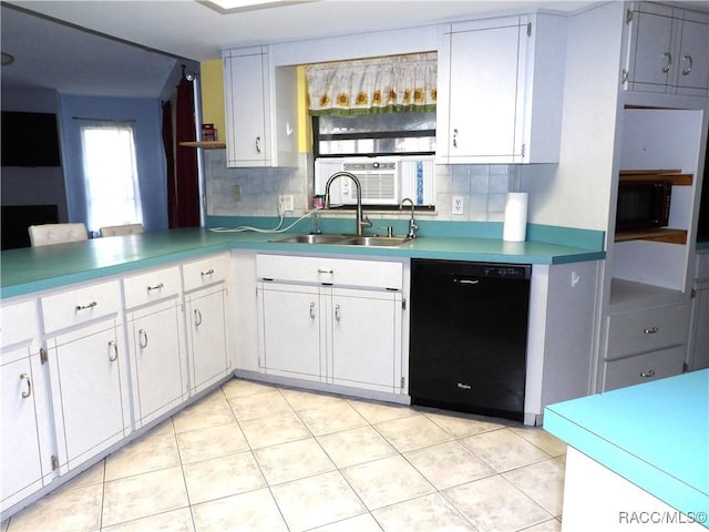 kitchen featuring sink, light tile patterned floors, dishwasher, decorative backsplash, and white cabinets