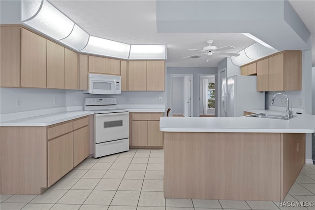 kitchen featuring ceiling fan, sink, light brown cabinets, white appliances, and light tile patterned floors