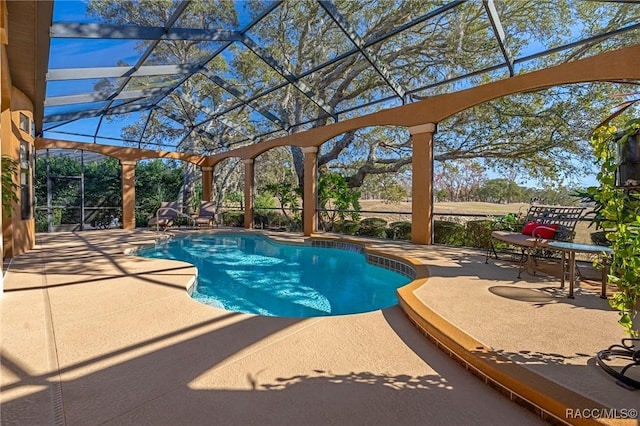 view of swimming pool with a lanai and a patio