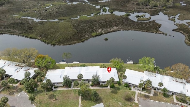 drone / aerial view with a water view