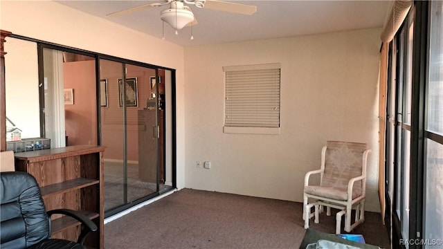 interior space featuring ceiling fan and carpet flooring