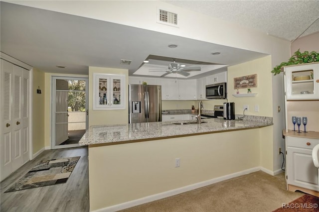 kitchen featuring light stone counters, stainless steel appliances, white cabinets, a sink, and a peninsula