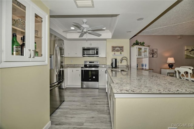 kitchen featuring visible vents, a raised ceiling, light stone countertops, stainless steel appliances, and a sink