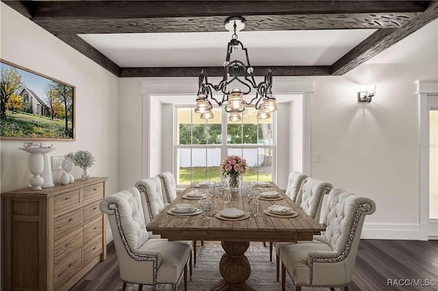 dining area featuring a chandelier, beam ceiling, a textured ceiling, and dark wood-type flooring