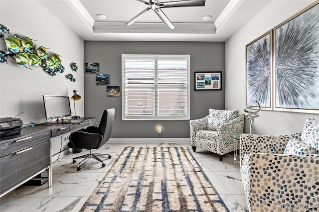 office area with a raised ceiling, crown molding, and a notable chandelier