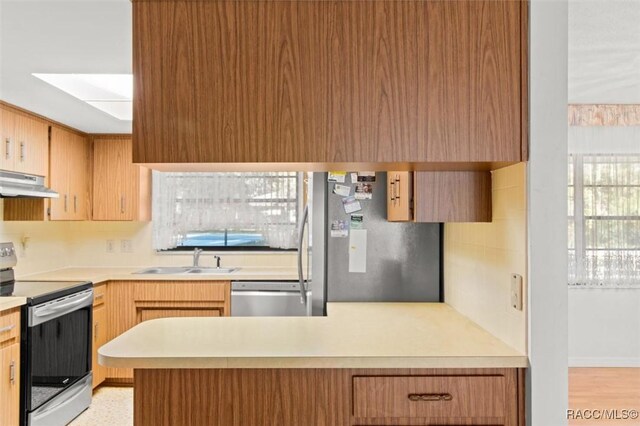 kitchen featuring stainless steel appliances, range hood, and sink