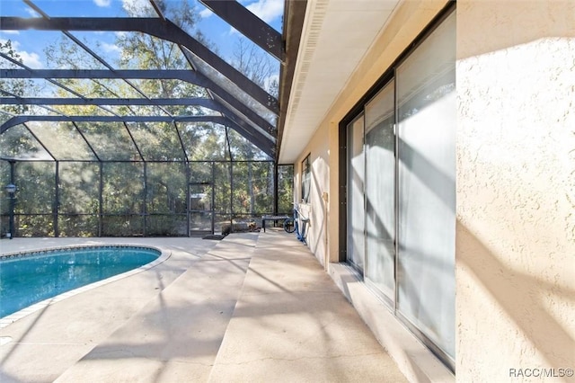 view of swimming pool with a lanai and a patio area