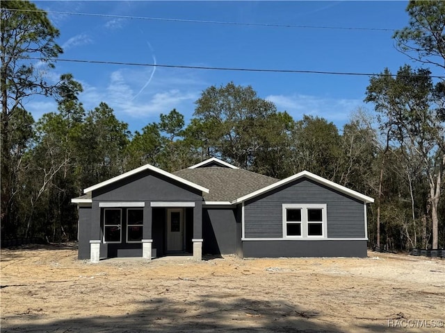 view of front facade featuring roof with shingles and stucco siding